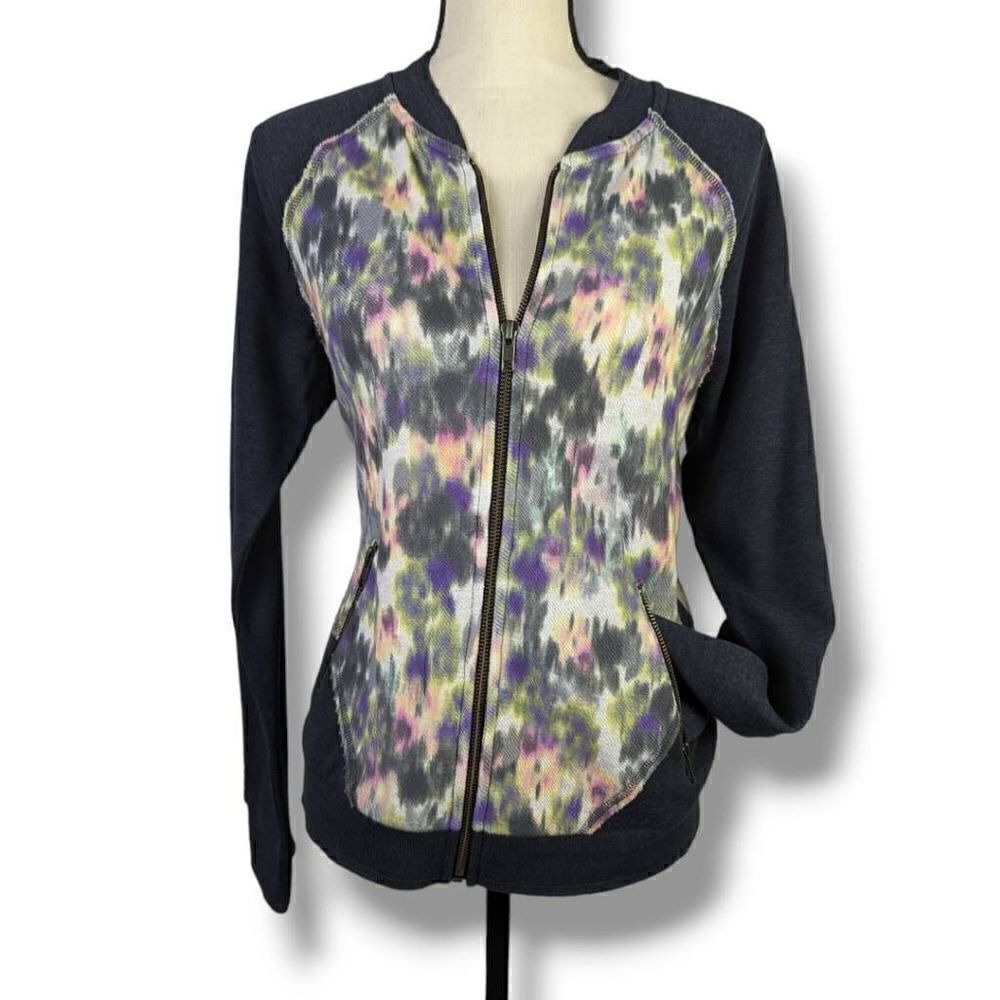Kensie Womens Full Zipper Tie-Dye Front Raglan Performance Jacket Black Medium